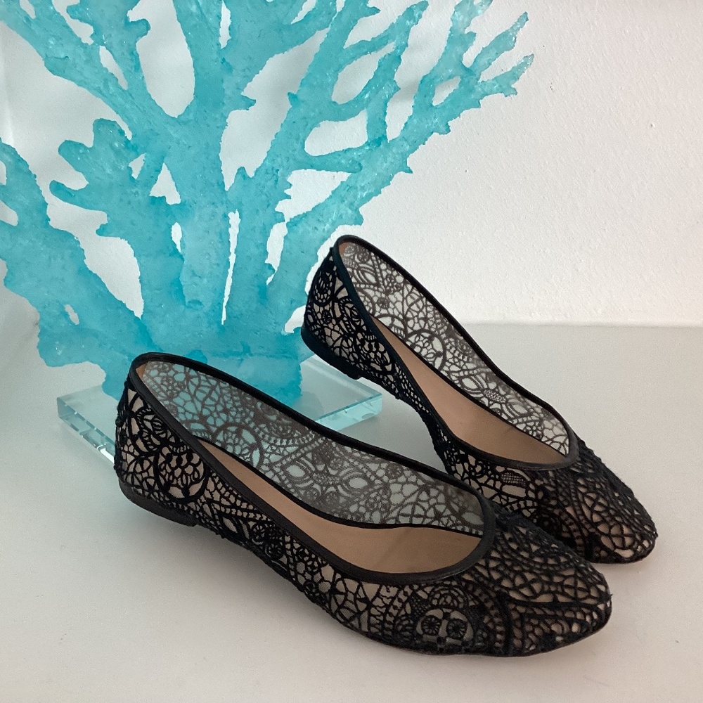 Chloe Beige Mesh Black Lace Round Toe Flat Lace Trim Embellishment Shoes 37 7